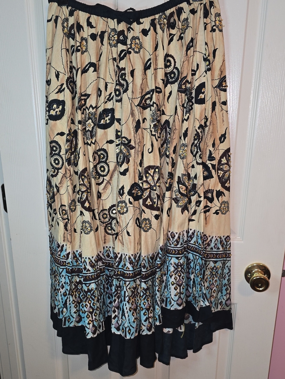 Papillon Blanc Beige Maxi Skirt with Black Floral & Light Blue Border
